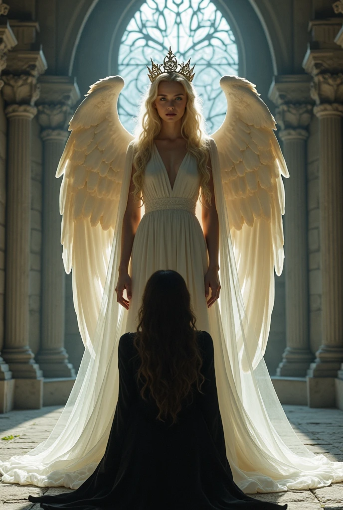A woman with an angelic face and golden hair, not so long, 20 year, dressed in sansa stark style dark clothes, wearing a crown of bones. At his feet a black-haired woman in the style of Sansa Stark prostrate on her knees begging, they are inside an ancient castle.