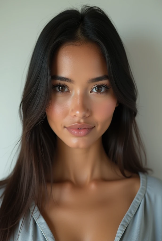 Generates a front-facing photograph of a woman from the waist up, that your body is visible from the waist up, dressed casually, clear skin, straight hair, large eyes, thick lips, Mexican nationality. Hyper realistic style