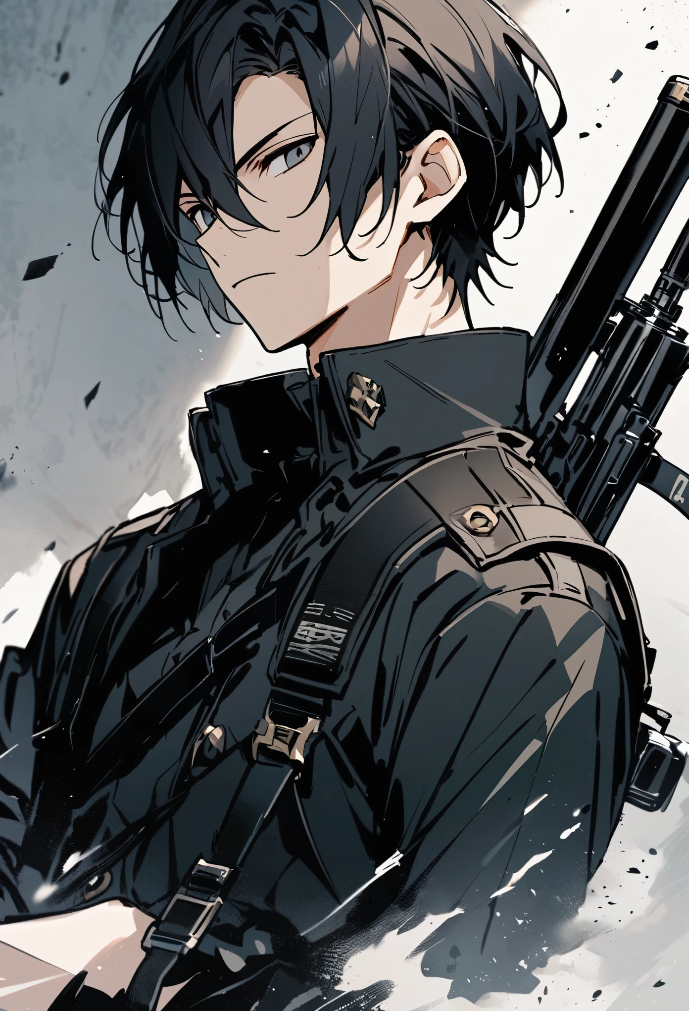 One Man　aldult　男らShii　Fair skin　Black Hair　Rin々Shii　Handsome　cool　Black clothing　Short Hair　cool　Expressionless　Firearms