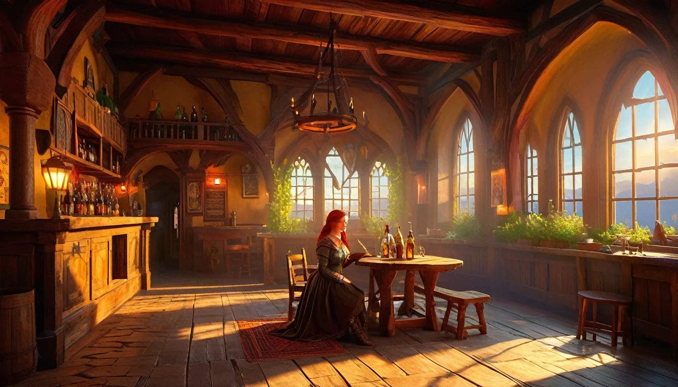 Young redhead woman, Medieval Tales Tavern, Exquisitely crafted and colorful interior, Detailed intense sunrise lightning, Best Geometry, Award-winning masterpiece, Very complex shadows and lighting, Best lighting, Best Shadow, Complex and busy setup, artステーションで話題, Global Illumination, Self-luminous, Bioluminescence, Mid-Journey Style, art：Albert Bierstadt