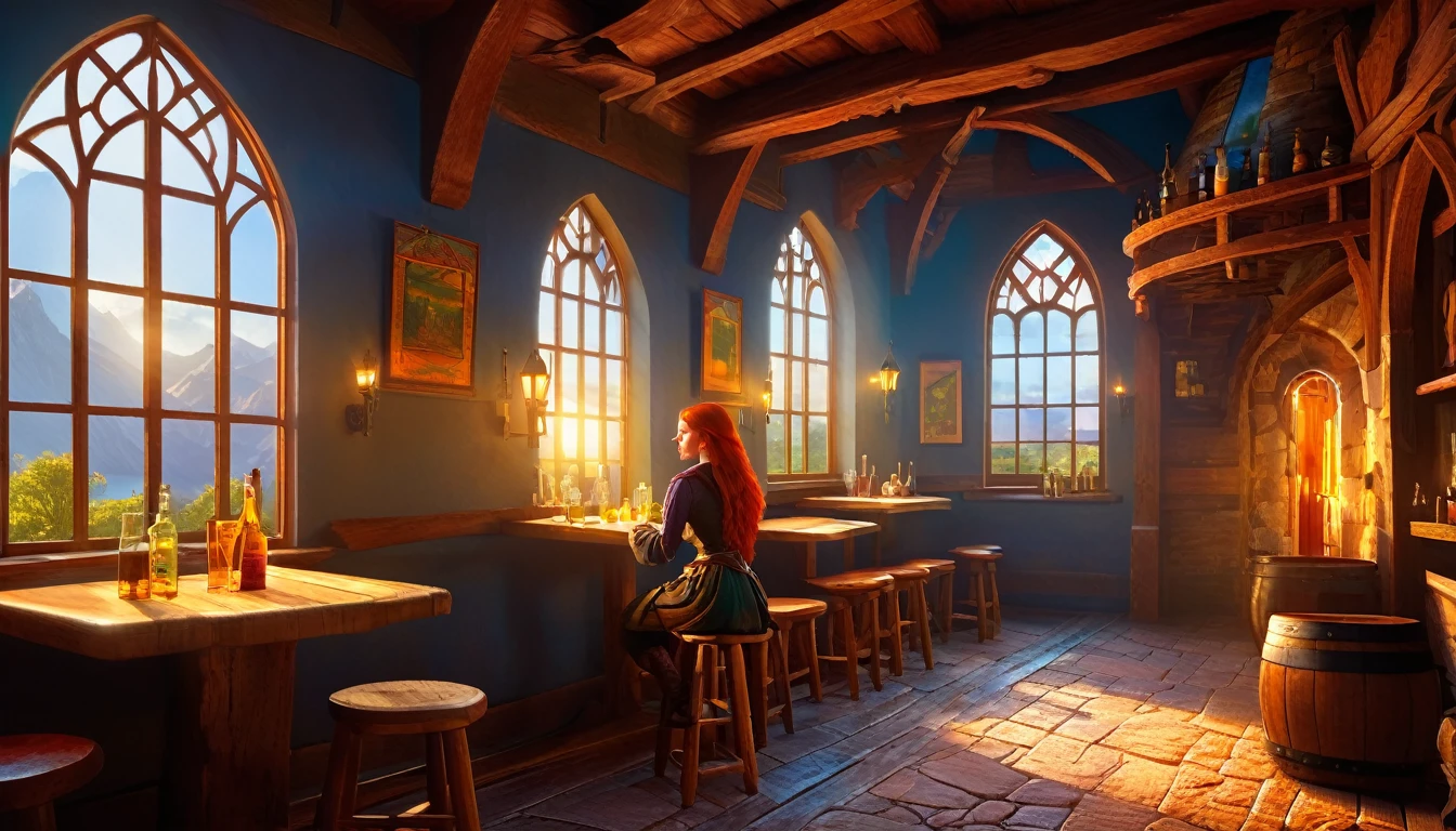 Young redhead woman, Medieval Tales Tavern, Exquisitely crafted and colorful interior, Detailed intense sunrise lightning, Best Geometry, Award-winning masterpiece, Very complex shadows and lighting, Best lighting, Best Shadow, Complex and busy setup, artステーションで話題, Global Illumination, Self-luminous, Bioluminescence, Mid-Journey Style, art:Albert Bierstadt