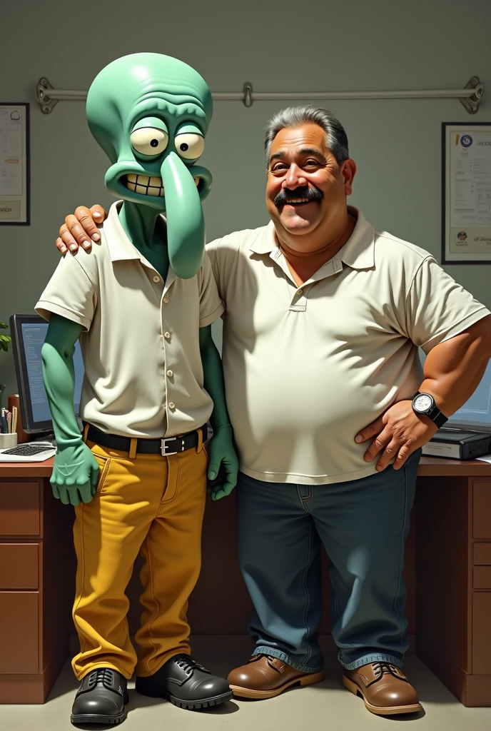 you can draw squidward, next to Capulina(Gaspar Henaine Mexican comedian) (a fat man with a mustache and no beard), with a sports shirt, yellow and denim pants, in a office, realistically