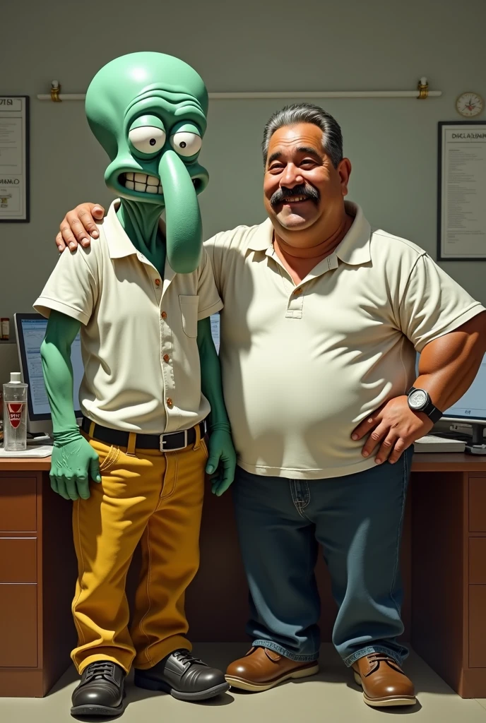you can draw squidward, next to Capulina(Gaspar Henaine Mexican comedian) (a fat man with a mustache and no beard), with a sports shirt, yellow and denim pants, in a office, realistically