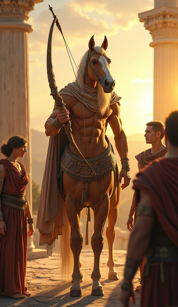 a detailed illustration of a sagittarius centaur, half human half horse, with a wise and benevolent expression, teaching and mentoring greek heroes, intricate details, cinematic lighting, warm color palette, realistic digital art, masterpiece