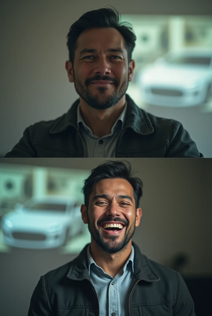 a realistic man, before sad and after with him happy and with projections of money and car, everything realistic