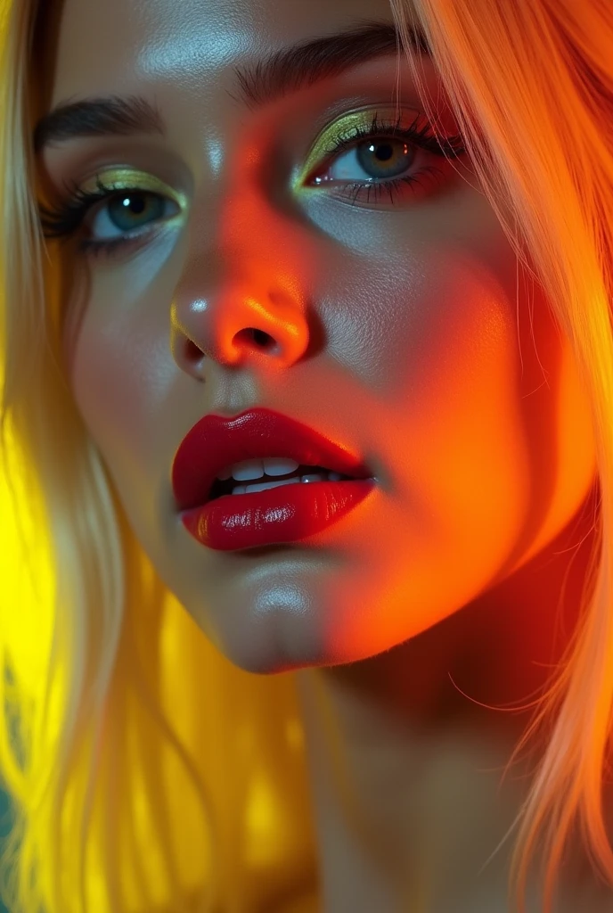Karina Kapoor sexy face makeup face blonde hair neon yellow eyes red lips glossy lips