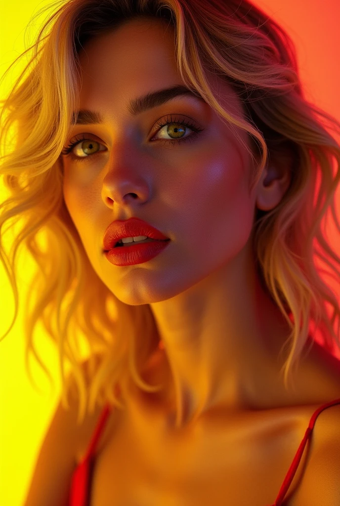 Karina Kapoor sexy face makeup face blonde hair neon yellow eyes red lips glossy lips 