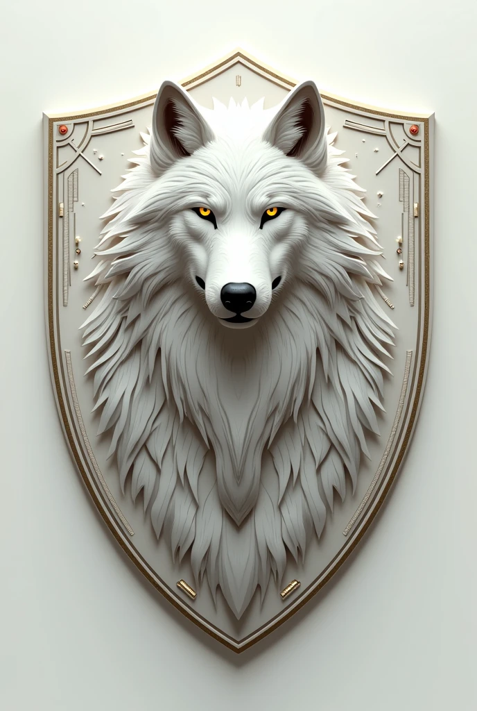 make a team shield of a wolf with traces of technology. offwhite.