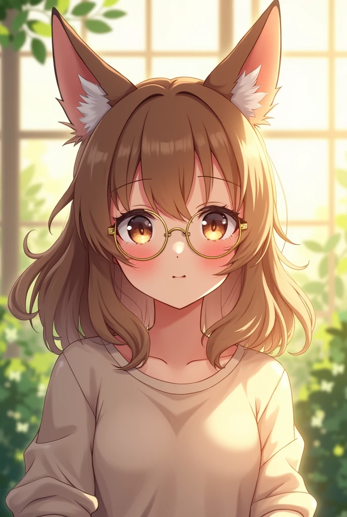 Charming anime-style young woman, adorable fox ears atop head, flowing long wavy brown hair framing her face, delicate rosy cheeks glowing with youthful vibrance, oversized soft sweatshirt blouse gently draping over shoulders, eye-catching golden rimmed glasses resting gracefully on the bridge of her nose, light and airy background saturated with pastel hues creating a dreamy atmosphere, lush green plants and gentle floral accents, composition centered around her playful expression, embodying curiosity and joy, inviting the viewer into her whimsical world, seamless blend of warmth and friendliness, soft sunlight illuminating her features, enhancing the lighthearted mood, carefully layered colors to add depth to the character's hair and skin tones, subtle highlights bringing her glasses to life, intricate detailing on the plants in the background adding texture and interest, overall enchanting visual storytelling typical of anime art style, meticulous attention to expressions conveying emotion and character personality, sense of harmonious balance throughout the scene, making it a captivating display of animated charm