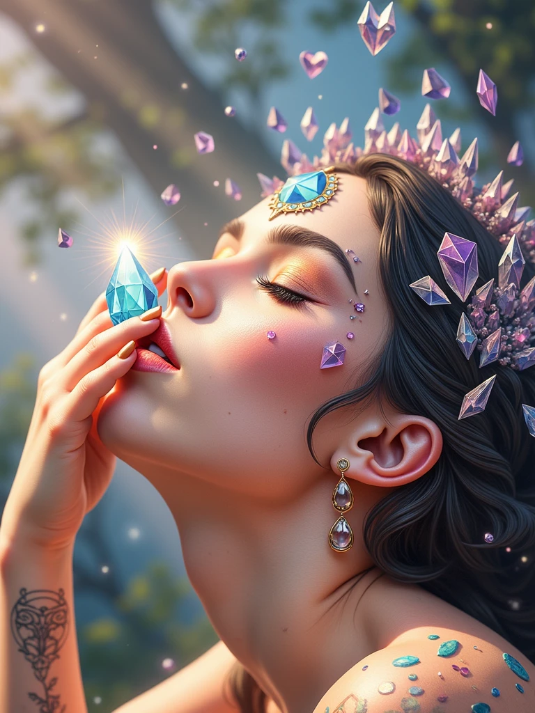 commercial logo with the name Silveira Crsytals written with drawings in crests and quartz and hearts and with a woman with one of the crystals on her forehead with a tattoo on her arm and a little bit of nature like trees and plants with a magical background with colorful colors