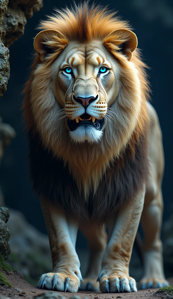 Create an ultra realistic 8k image of a big beautiful strong blue eyed lion