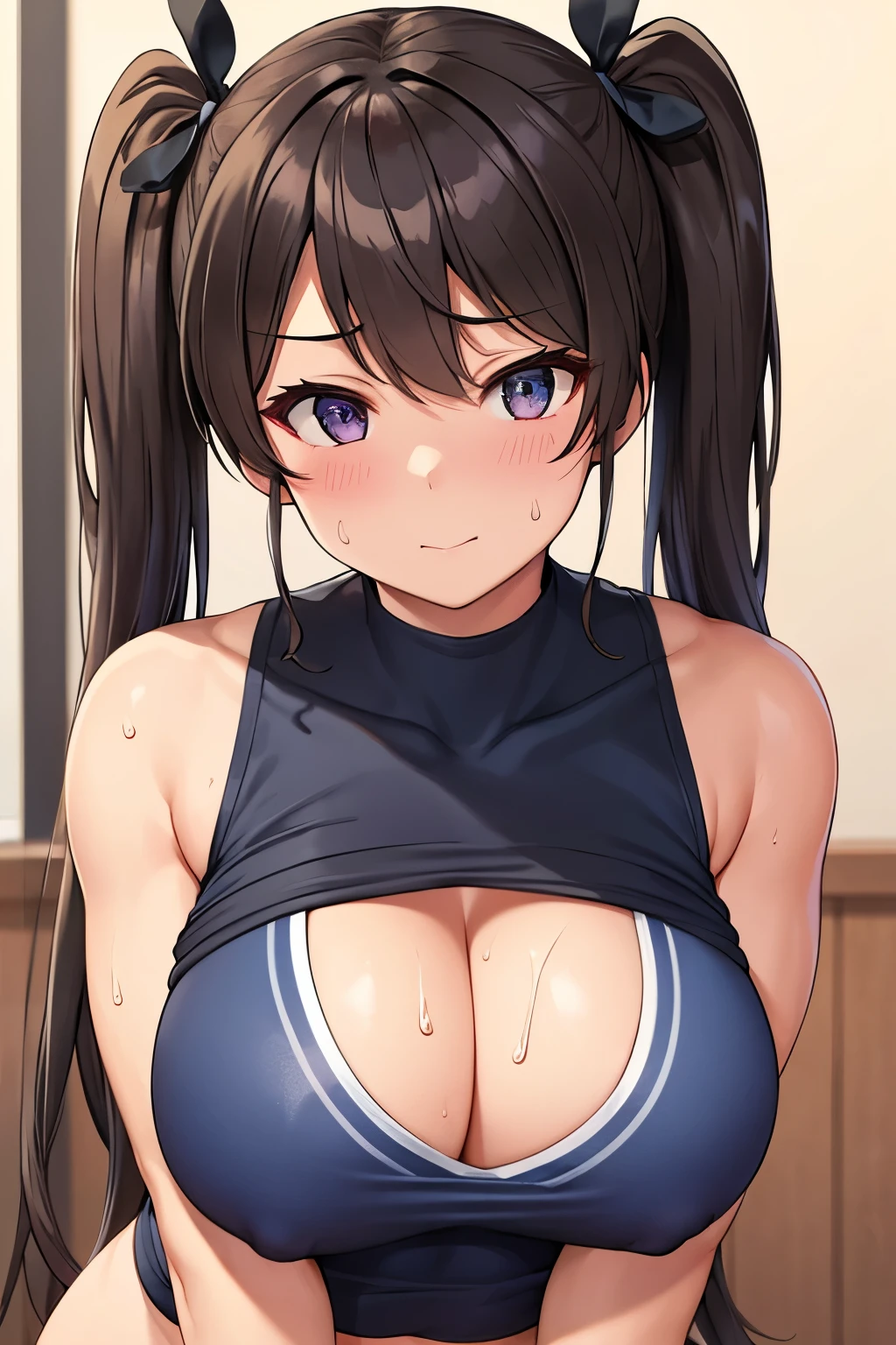 Masterpiece, Best quality, Beautiful girl, Beautiful face, Twin tails, Training, Muscles, Sweat, Big breasts, Cleavage, Sexy,
