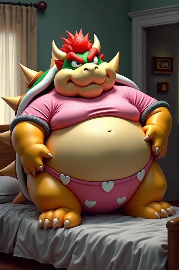 Bowser from Super Mario, Extremely obese, chubby, embarrassed, huge round belly, big moobs, heart underpants, pink tight short sleeves t-shirt, laying down on a bed, one hand on the belly