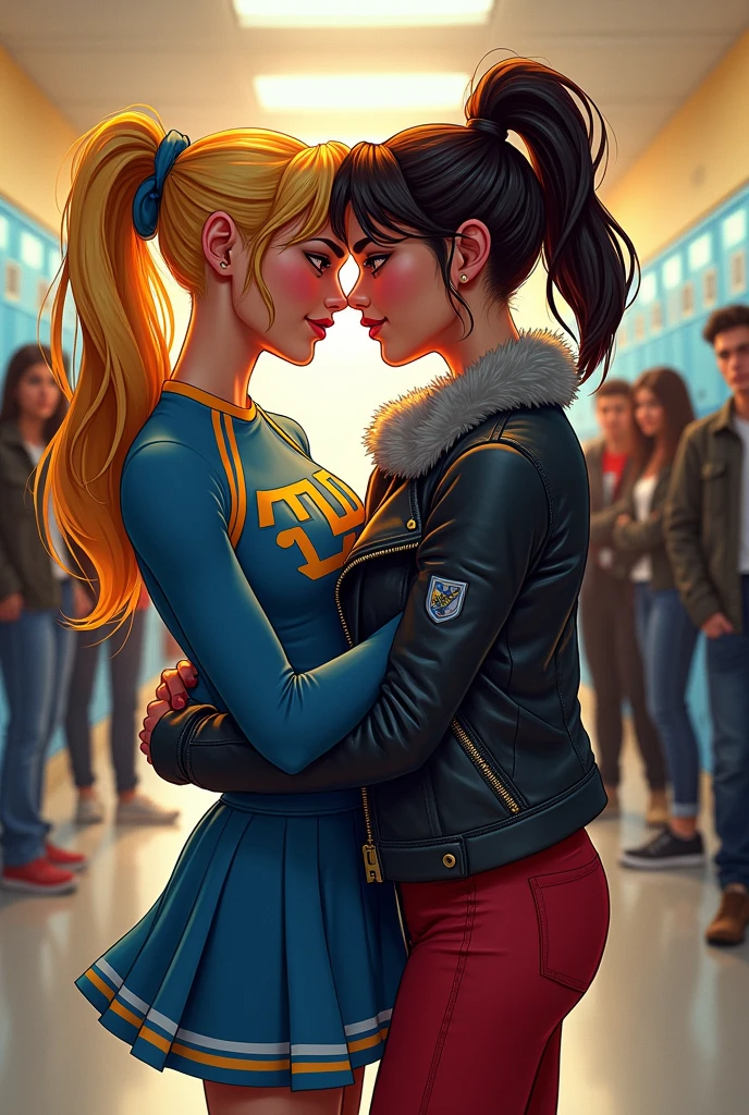 Comic 2d estilo marvel. A blonde cheerleader girl and a brunette girl in a wolf fur biker jacket kissing in the hallways