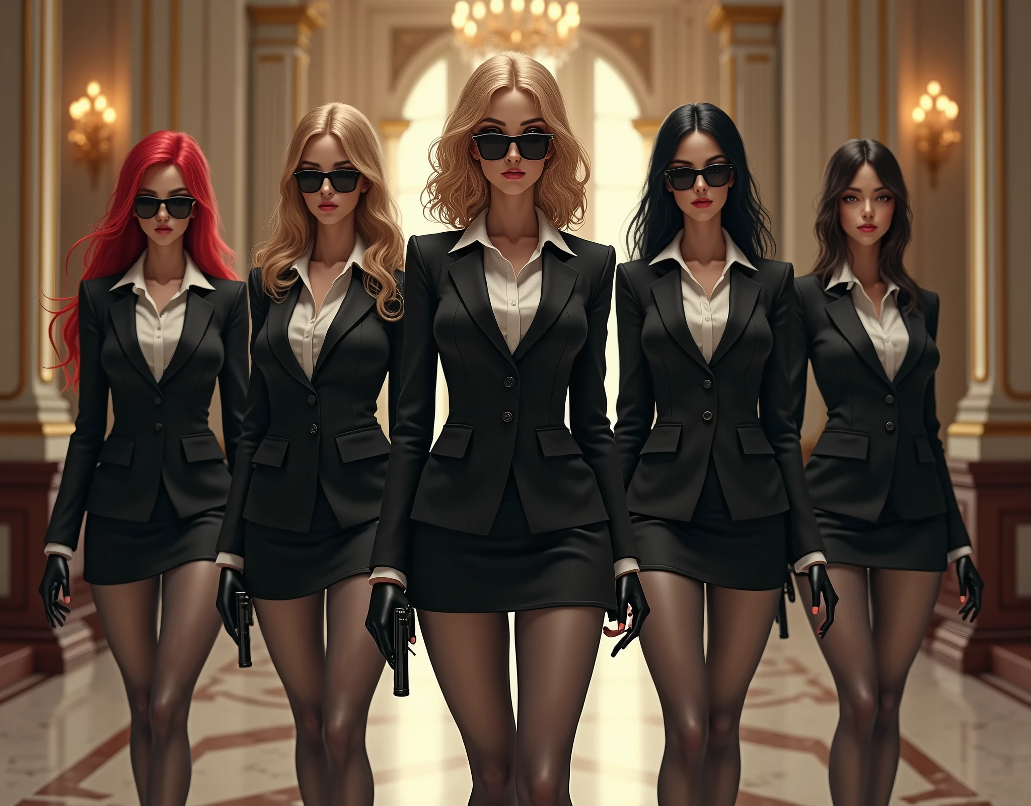 Make an image for a group of female secret service with a variety of hair colors and hairstyles dressed in black formal miniskirt suits, white collared shirts, full grey pantyhose, black dress shoes, earpiece radios, and dark sunglasses inside a mansion ballroom