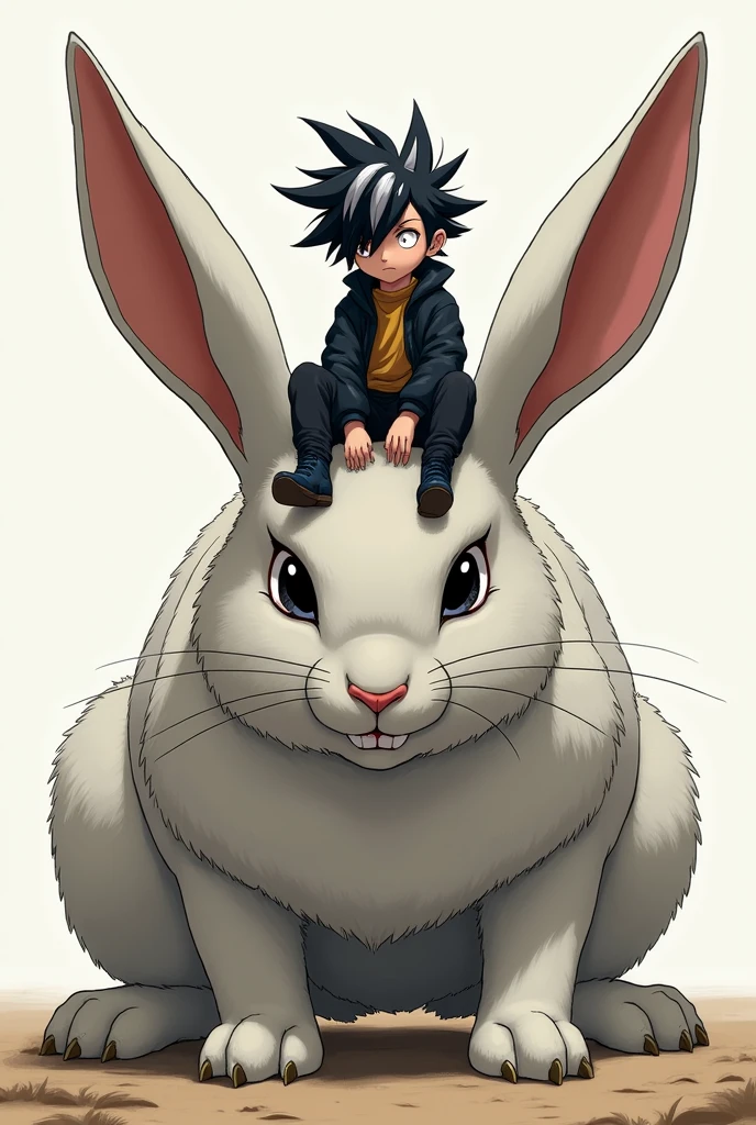 Create a young male, he has black hair that spikes at the ends and is white., one eye is white without a pupil, make it on top of a big, muscular rabbit, the image is anime, the character has no animal characteristics and the rabbit is facing forward 