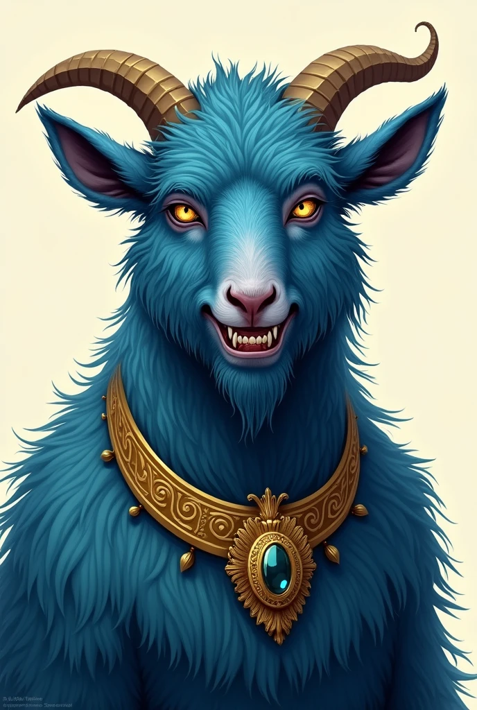 Illustration of a blue woolly goat with an evil look wearing a golden collar