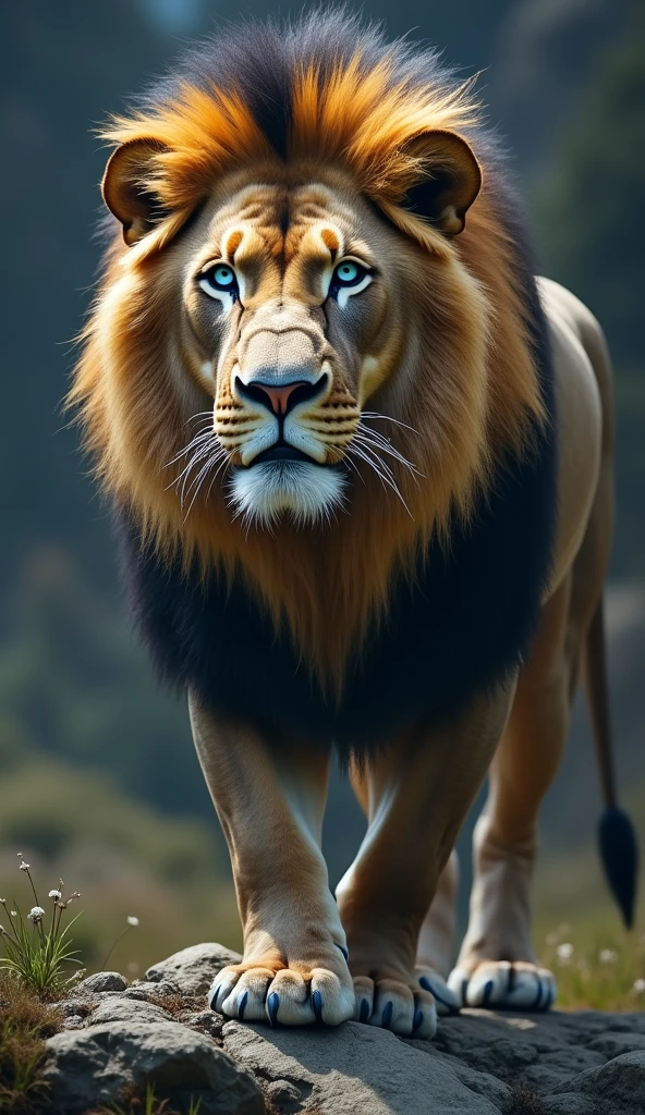 Create an ultra realistic 8k image of a big beautiful strong blue eyed lion