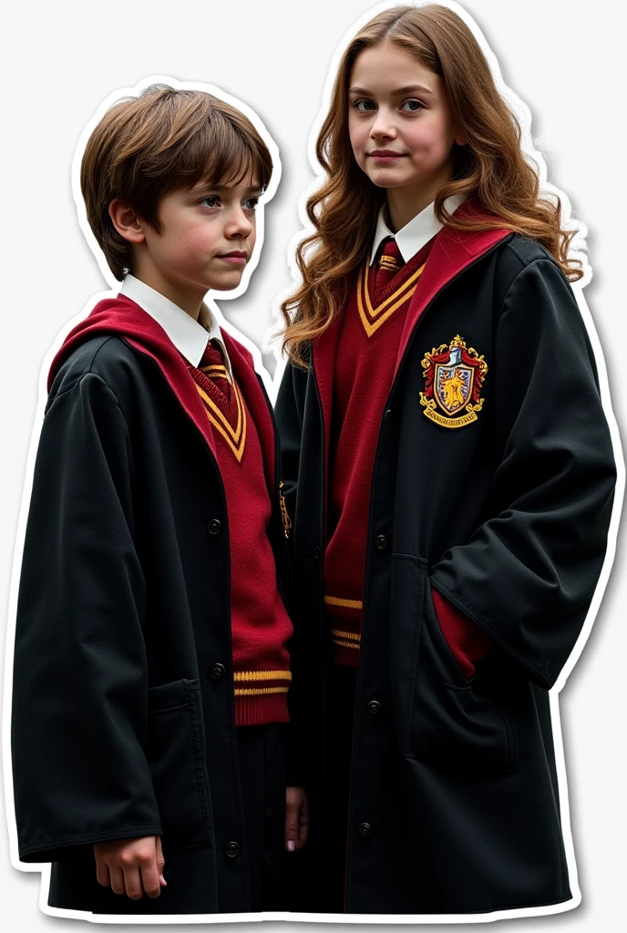 Create a sticker with white borders from a scene from the Harry Potter movie where 2 characters, a young boy and an older girl, both in Gryffindor uniforms, appear. in high resolution with a blurred background, cinema image and hyperrealism.