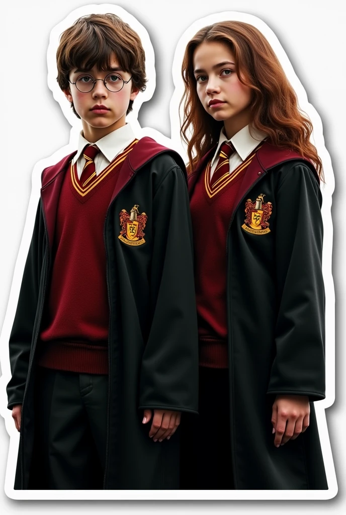 Create a sticker with white borders from a scene from the Harry Potter movie where 2 characters, a young boy and an older girl, both in Gryffindor uniforms, appear. in high resolution with a blurred background, cinema image and hyperrealism.