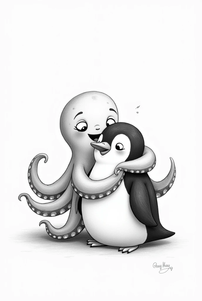 Pencil drawing of a cartoon style female octopus hugging a cartoon style male penguin 