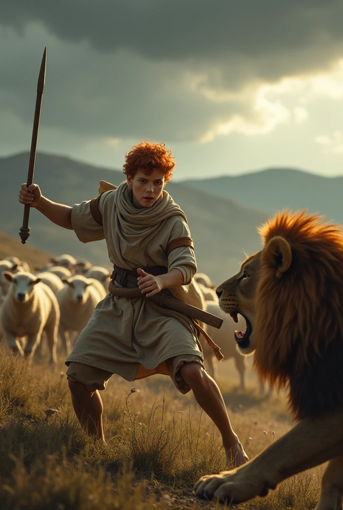 King David, adolescent, Fighting a lion, SAVING THE SHEEP, red hair, SHEEP SHEPHERD'S CLOTHING, staff in the hands. 8K realistic picture.