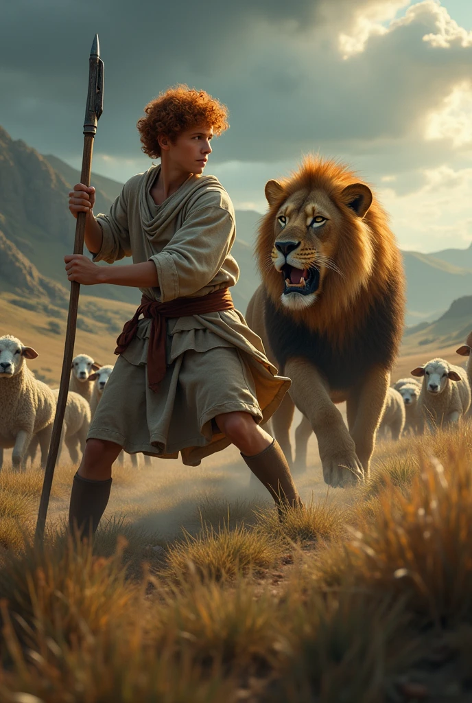 King David, adolescent, Fighting a lion, SAVING THE SHEEP, red hair, SHEEP SHEPHERD&#39;S CLOTHING, staff in the hands. 8K realistic picture.
