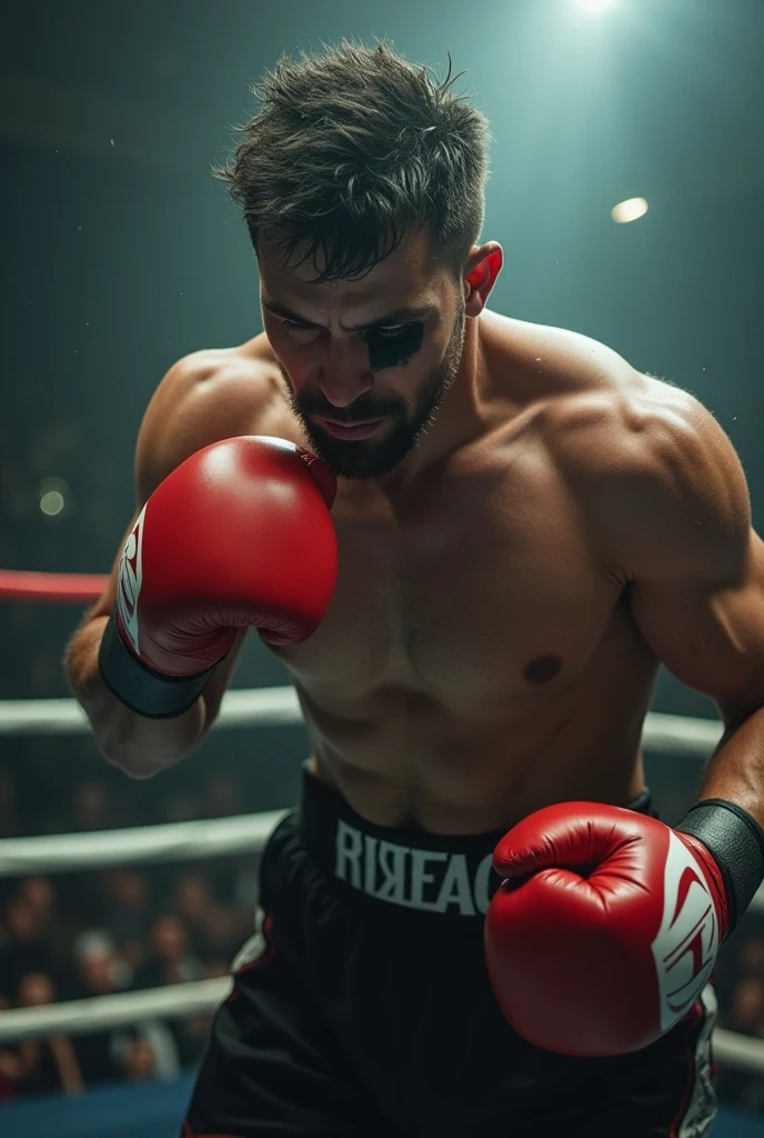 a boxer in the ring taking a left cross to the face , catch contour of your body with light long exposure photography，In motion blur, written the word "Rise Again" in the boxing ring very focused, But I have an amazing figure, although blurry, Attract attention. one shot, Three Shot. , The message I want to convey is that dreams exist. , The Ewstrilo phenomenon is real , 48k cinematic compositing made in Photoshop with richer shadows. Use the rule of thirds, Use colors that evoke nostalgia and hope. cinematic, camera framing right on the face of the person who took the punch, she has a black eye