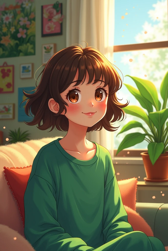 Anime art style, enchanting masterpiece, vibrant woman, exuberant curls framing her animated face, glossy brown hair cut into playful short bob, cozy green sweatshirt draping comfortably over shoulders, nestled within inviting room, walls adorned with whimsical posters and framed memories, plush cushions scattered invitingly on a charmingly cluttered sofa, delicate sunlight streaming through window, dancing dust motes in the air, warm ambiance enveloping scene, detailed texture on fabric of sweatshirt accentuating her lively spirit, soft blush on cheeks illuminating her features, lively sparkle in her expressive eyes, capturing a moment of introspective joy, background hints of indoor plants thriving, intricate lighting creating gentle shadows, panoramic view showcasing room depth, carefully crafted composition highlighting her character against the vibrant environment, fluid brushstrokes portraying movement and emotion, anime style blending sharp outlines with smooth gradients, showcasing the essence of happiness and comfort in artistic form, rich color palette saturated with lush greens and warm tones, dimensions evoking a dreamy, imaginative world, forming a perfect sanctuary reflecting her inner vibrancy