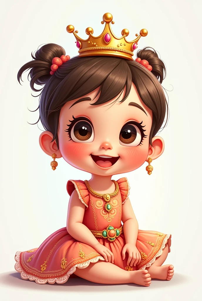 Drawing Cartoon happy baby girl wearing a Beautiful dress and wearing a crown, You sit on the floor full bady Painted in beautiful colors with 2d drawing with outline