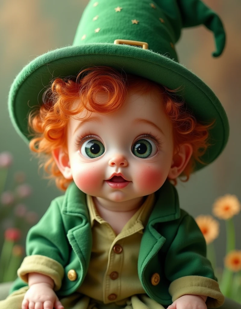 Leprechaun as a cute baby, with Leprechaun hat, very big eyes. hyper realistic detailed, Ultra realist, 8k, Fashion Photography, Cinematic Lighting, Leica M10-P Safari Edition, Nikkor 60mm, Micro AF-S f/2.8, full body shot, Soft Light Pastels, by TJ Drysdale