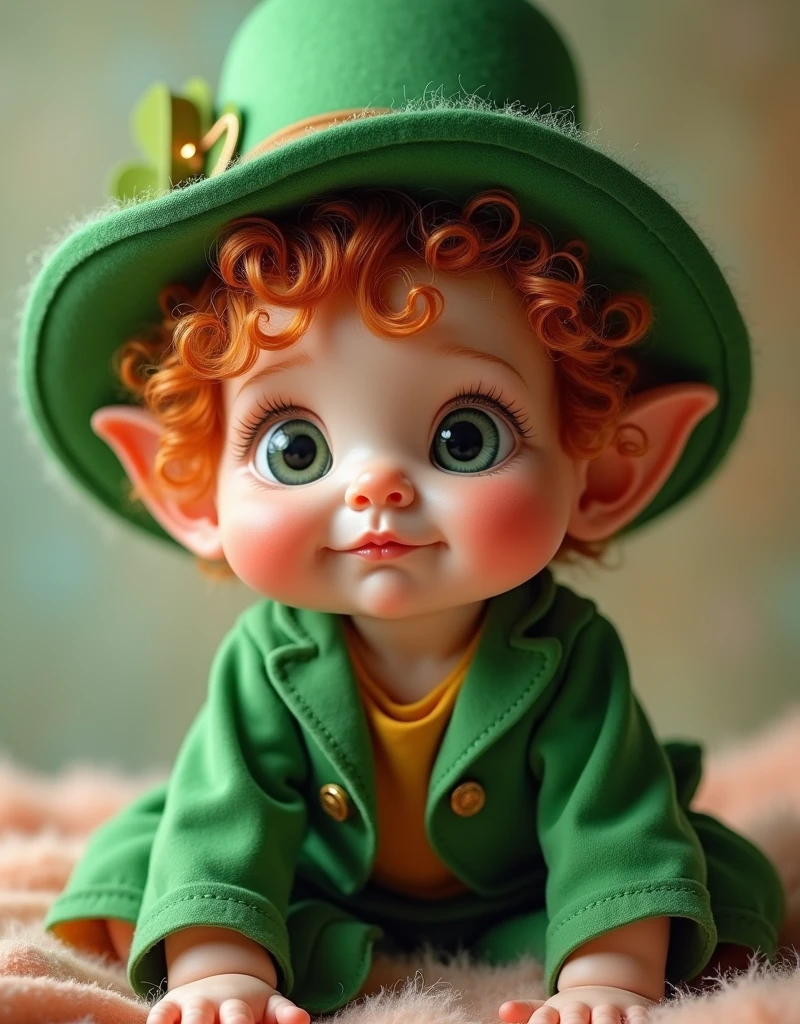 Leprechaun as a cute baby, with Leprechaun hat, very big eyes. hyper realistic detailed, Ultra realist, 8k, Fashion Photography, Cinematic Lighting, Leica M10-P Safari Edition, Nikkor 60mm, Micro AF-S f/2.8, full body shot, Soft Light Pastels, by TJ Drysdale