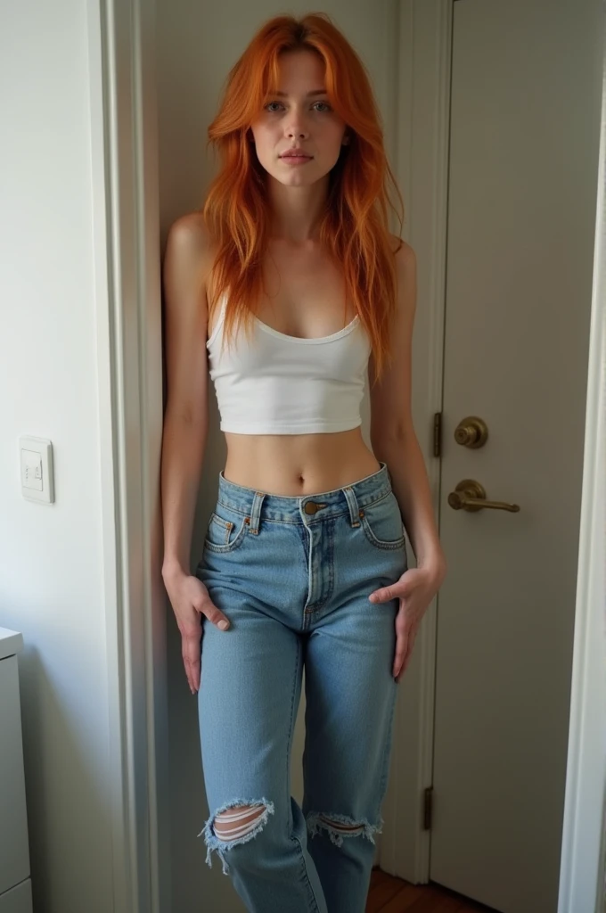 beautiful skinny ginger teen girl, ((peeing self)), wetting jeans, pee, pee pants, crossed legs, standing, soaked, wet, happy, relieved, aroused, wet pants, peeing, piss