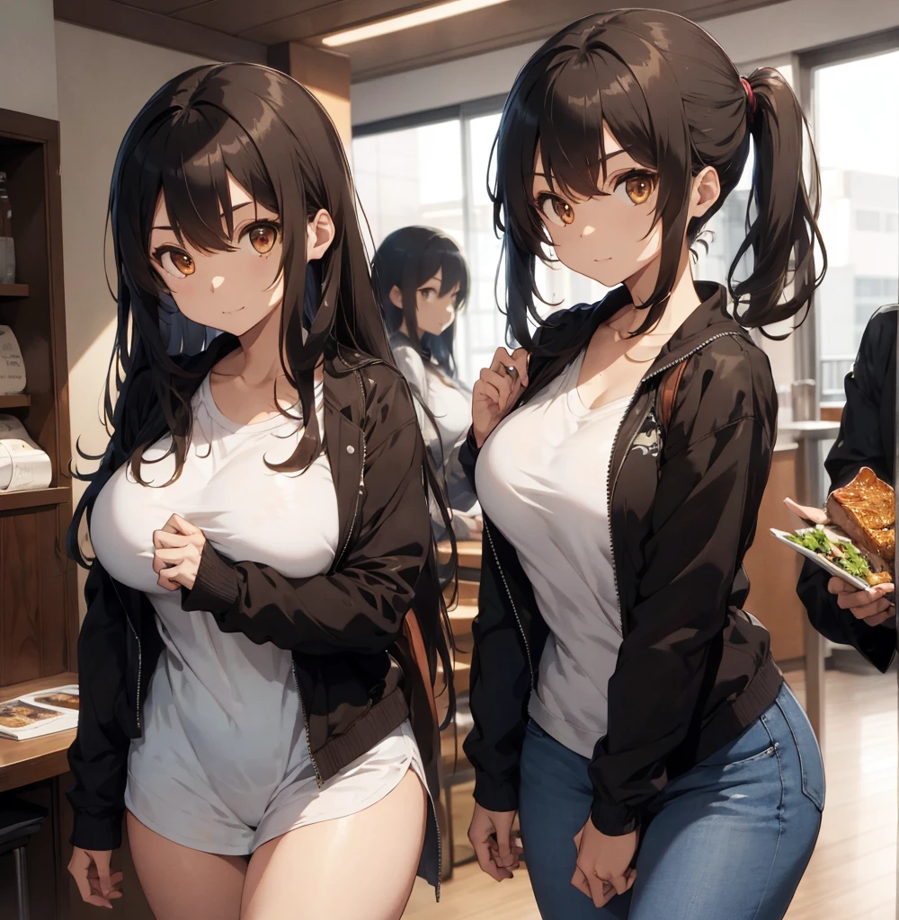 2 female, brown long messy anime hair, huge breast, thick legs, brown eyes, thick eyebrows, black jacket, jean, hotel room