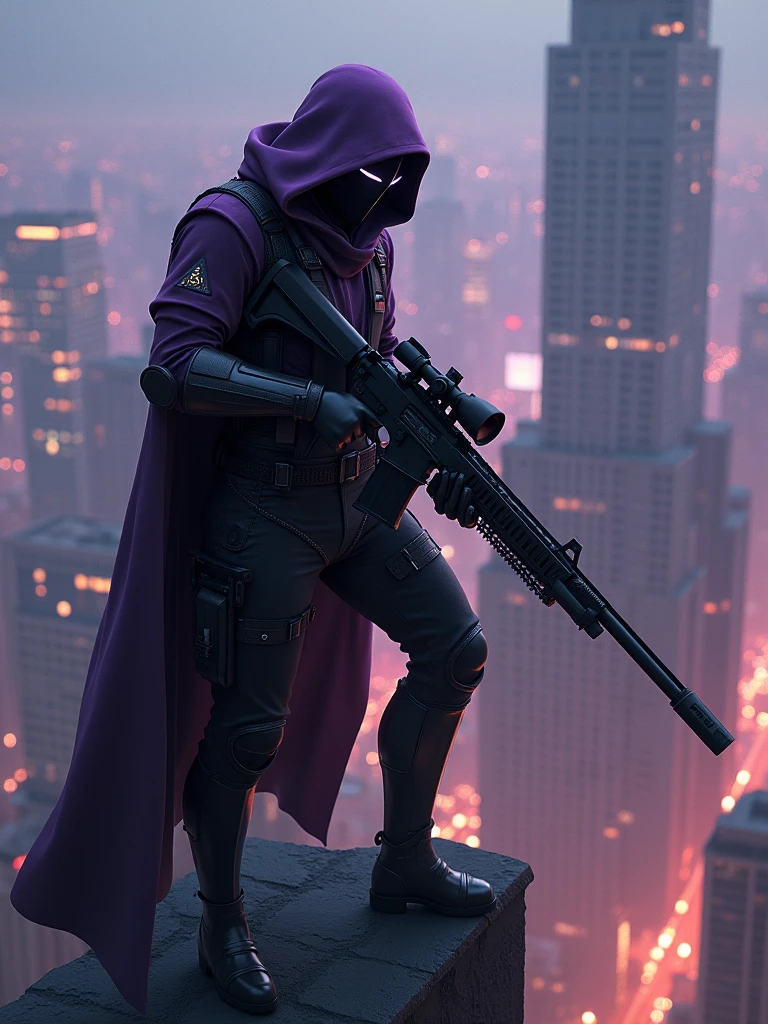 a “Eggplant SAS-assassin” holding a sniper rifle on the top of a tall building, highly detailed, photorealistic, 8k, hyperrealistic, dramatic lighting, cinematic composition, intricate details, impeccable rendering, masterpiece, award winning, concept art, cinematic quality