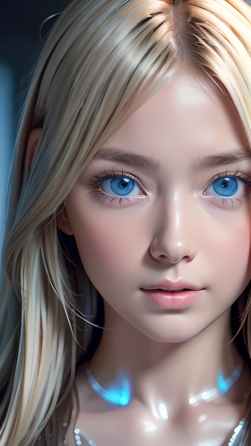 Highest quality、8K masterpiece、Ultra-high resolution、(Realistic:1.3)、RAW Photos、 Scandinavian girl with shiny blonde hair、Silvery blonde hair、Super long straight hair、Bangs between the eyes、Bangs that fall over the eyes、Bangs over one eye、Bangs between the eyes、White and glowing skin、1. Cyberpunk Super Beautiful Soldier、((Ultra-Realistic Details))、Portraiture、Global Illumination、Shadow Realm、Octane Rendering、8k、Ultra Sharp、metals、Cool colors、、Very intricate details、Realistic Light、Trends of the CG Association、Very beautiful big bright blue eyes、Very big eyes、Eyes shining at the camera、Neon Details、Small Face Beauty、Round face、Highlights of cheek luster、eyeliner