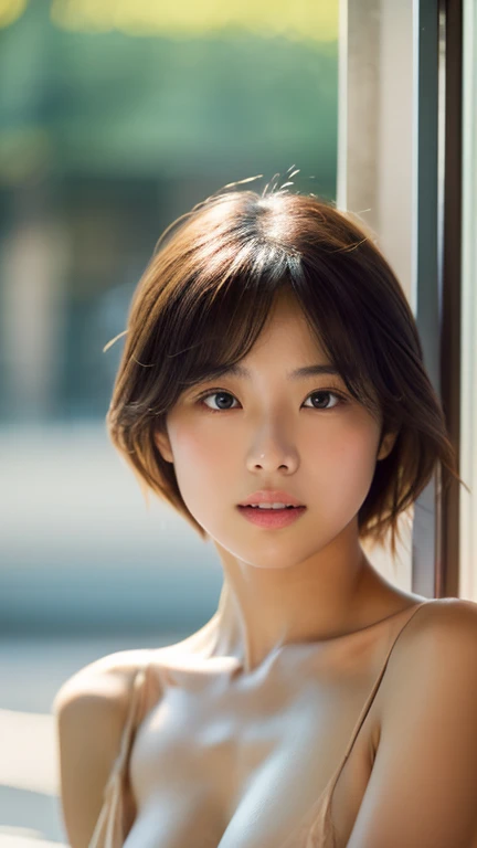 lens: 135mm f1.8,(Highest quality),(Tabletop:1.1), (Beautiful Japan),  (Moisturized lips), Narrow eyes, double eyelid,Delicate clavicle,Flat Chest,Shortcuts,
 (Let me me me&#39;Let me me&#39;Let me&#39;Let&#39;s take another look), (close:1.4),  shame, A faint smile,
(Spotted sunlight:1.2), Dramatic lighting, 
(Beautiful Nudes), (Sunburned skin:0.2),Full body photo、Full Body Focus、The expression of ecstasy、The moment of orgasm