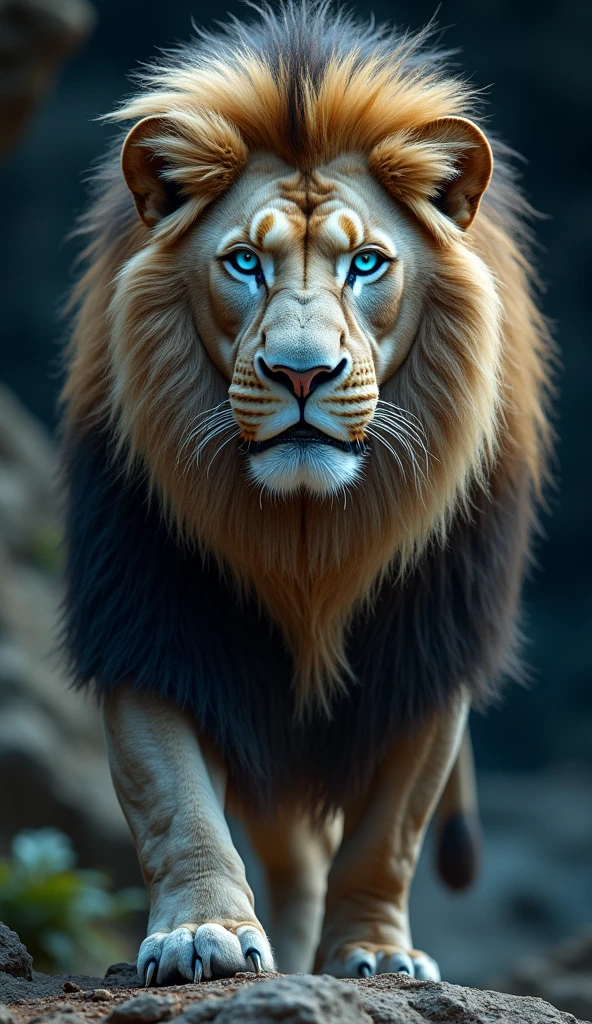 Create an ultra realistic 8k image of a big beautiful strong blue eyed lion