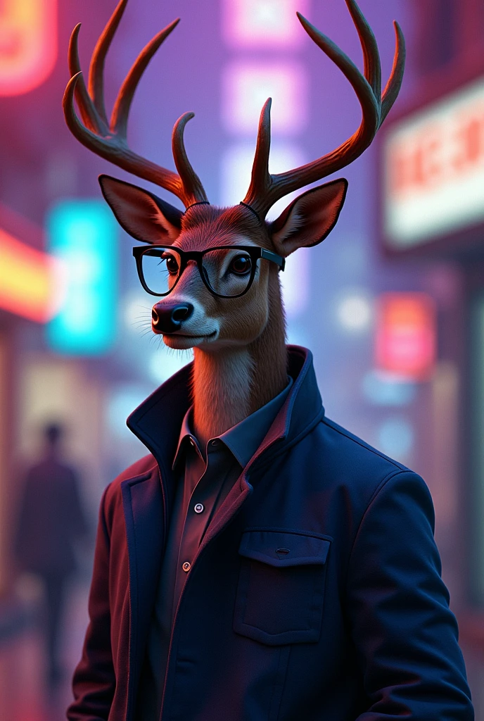 handsome deer, with blue jacket, with dark glasses, 90s style