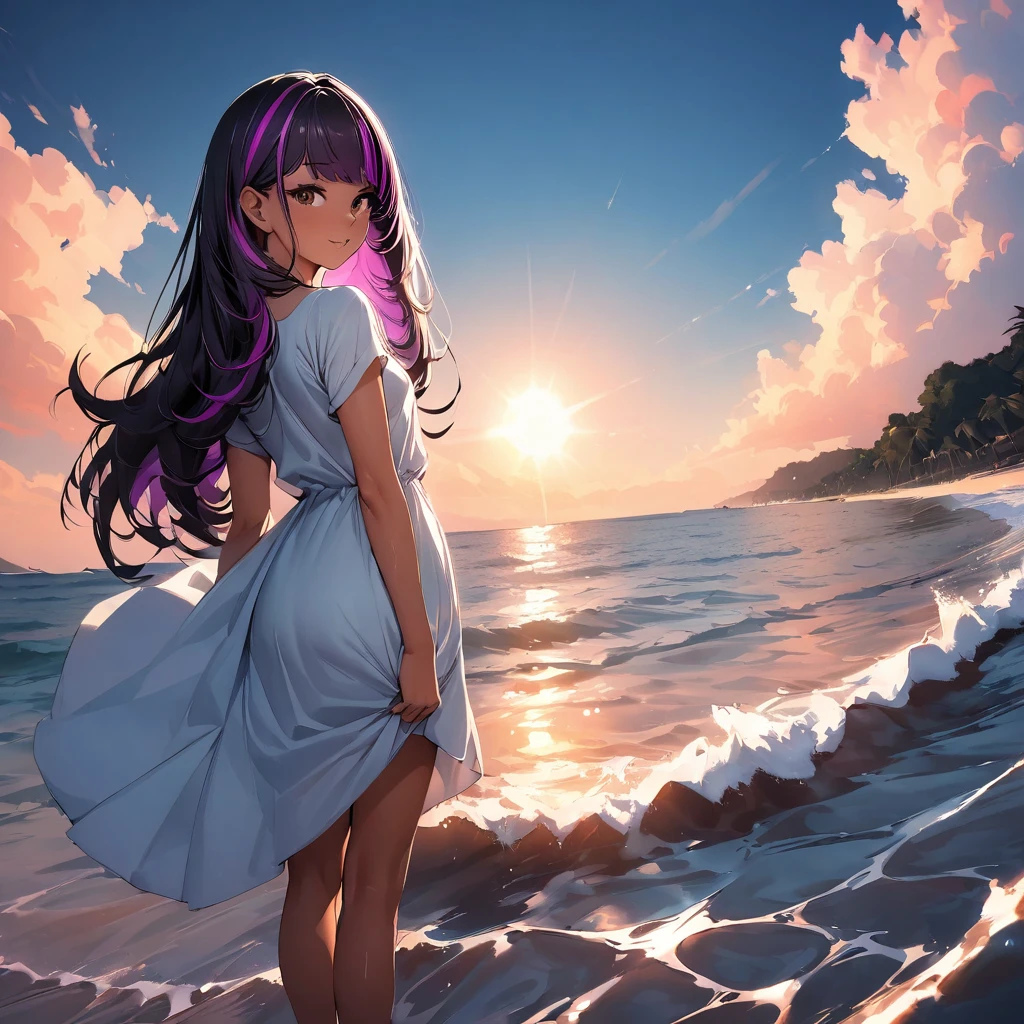 (highest quality:1.2, Very detailed, up to date, Vibrant, Ultra-high resolution, High Contrast, masterpiece:1.2, highest quality, Best aesthetics), super wide angle, Portraiture、girl、surfer, solo, (25-years-old:1), Bright colors、Beautiful fine details、Beautiful lip detail, long hair、black and purple ((streaked hair:1.6)), highlights hair: 1.5, brown eyes, ((slim body:1.4)), (small breast:0.7), (dark skin:0.5), summer dress, loose fit, standing tropical beach:1, from behind:2,beautiful sunset, back view, look at sun, (full body:2),