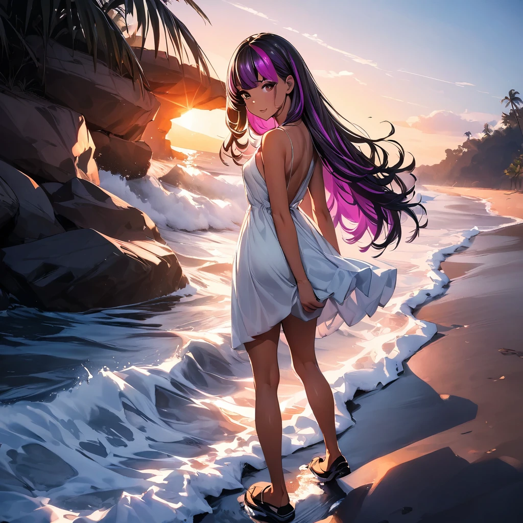 (highest quality:1.2, Very detailed, up to date, Vibrant, Ultra-high resolution, High Contrast, masterpiece:1.2, highest quality, Best aesthetics), super wide angle, Portraiture、girl、surfer, solo, (25-years-old:1), Bright colors、Beautiful fine details、Beautiful lip detail, long hair、black and purple ((streaked hair:1.6)), highlights hair: 1.5, brown eyes, ((slim body:1.4)), (small breast:0.7), (dark skin:0.5), summer dress, loose fit, standing tropical beach:1, from behind:2,beautiful sunset, back view, look at sun, (full body:2),