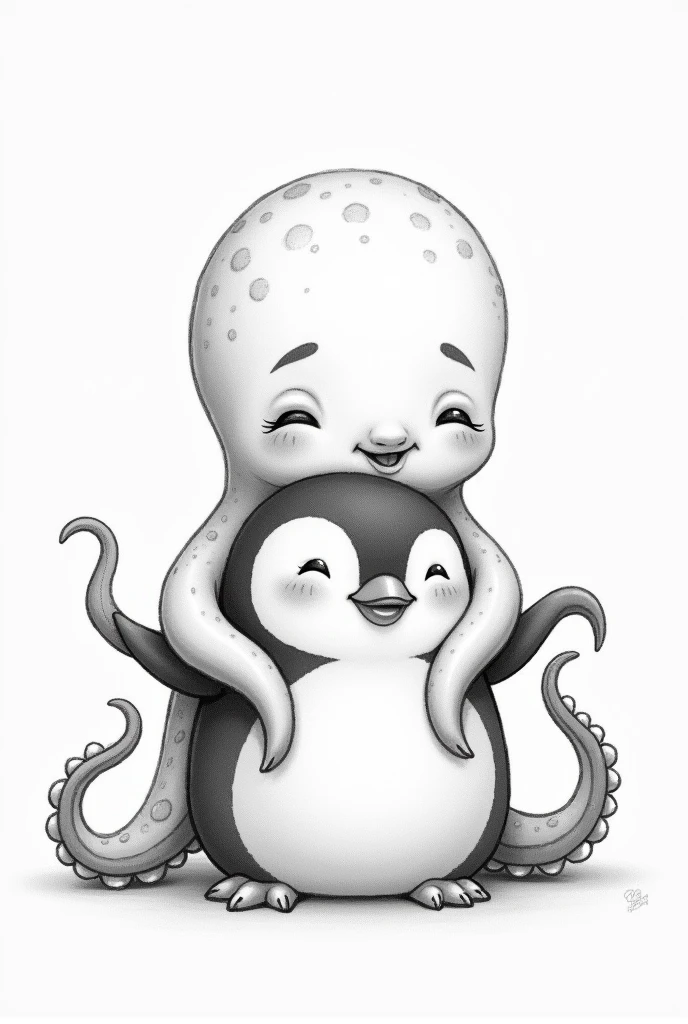 Pencil drawing of a cute cartoon style female octopus hugging a cute cartoon style male penguin