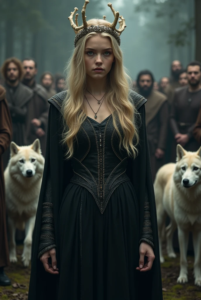 A woman with an angelic face and golden hair, not so long, 20 year, dressed in sansa stark style dark clothes, wearing a crown of bones. ao redor, jomens, women and wolves revering her 
