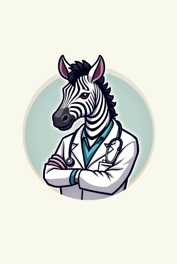 a logo for a medical supplies company, of a zebra dressed as a doctor, in pastel tones, the logo in circular form, that the design does not go outside the circle, The company name is CebraMedic in italics