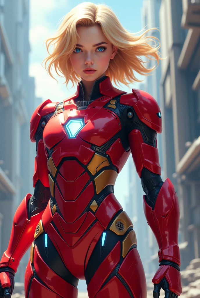 Blue-eyed blonde girl with short hair in red Iron Man suit