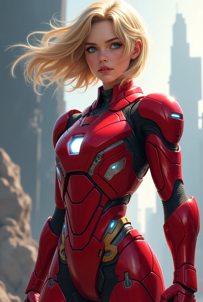 Blue-eyed blonde girl with short hair in red Iron Man suit