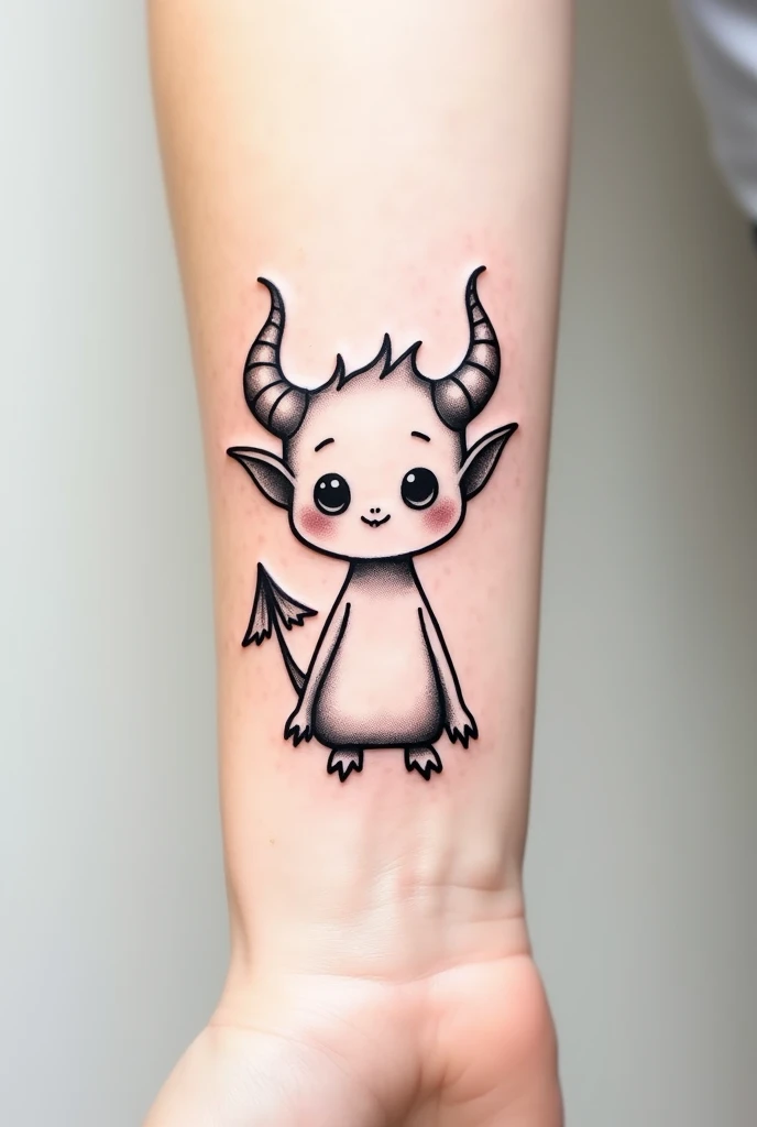 **Description détaillée pour le tatouage :**
- **Silhouette** : Un démon humanoïde dans un style enfantin et minimaliste. Le démon a une posture debout ou assise avec des traits humanoïdes, incluant des cornes courbées, des ailes petites et stylisées, ainsi que des griffes légères et une queue fourchue. Le visage présente des yeux ronds et expressifs, avec un sourire doux et non menaçant, et des dents pointues mais dessinées de façon mignonne.
- **Style** : Minimaliste avec des lignes fines pour les contours du démon. Aucun remplissage ni ombrage n'est utilisé, gardant l'effet léger et épuré. Les éléments typiquement effrayants comme les cornes et les griffes sont stylisés de manière à paraître amicaux et non intimidants.
- **Taille** : Adapté pour l'avant-bras, de taille modérée. Le design est assez petit pour rester discret tout en offrant des détails suffisamment clairs pour être expressifs et charmants.
- **Couleurs** : Exclusivement en noir, sans couleurs vives ni remplissage. Le design reste sobre, avec une approche minimaliste qui met en avant les traits enfantins du démon tout en conservant une certaine touche de ses caractéristiques redoutables de manière douce.