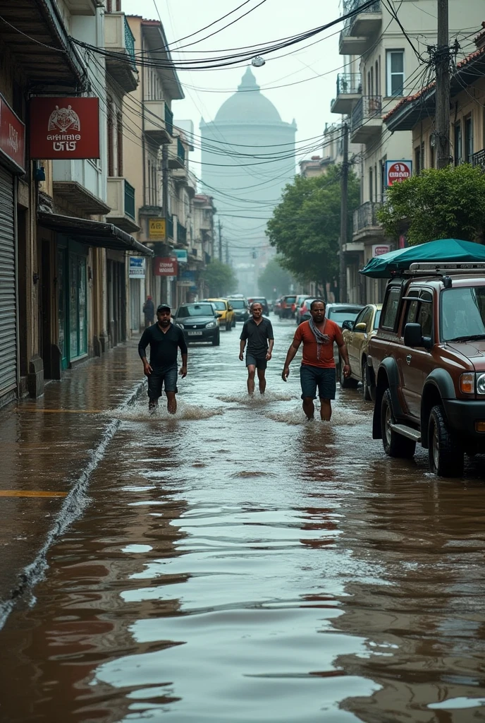 Streets of Montevideo flooded after heavy rains, with water covering sidewalks and partially submerged vehicles. Homes and businesses affected, showing how water enters buildings and residents try to save belongings.