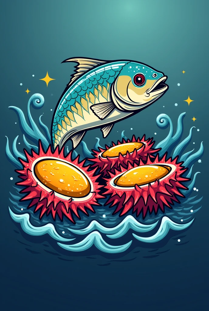 Create a logo for a cevicheria called cevicheria erizomar and that has a fish and open sea urchins with yellow inside ceviche seafood. Que sea bonito los erizos de comer realss