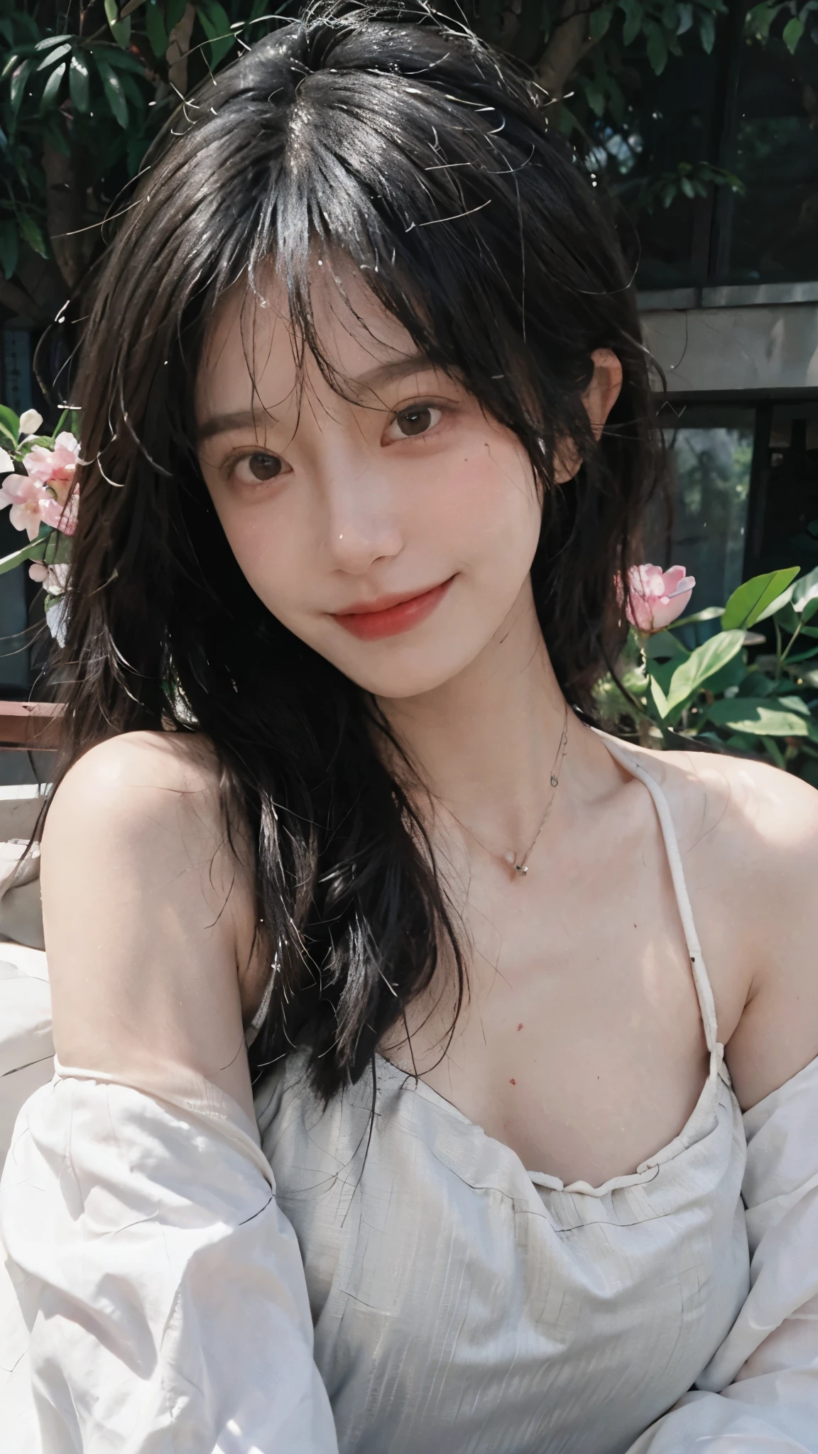 best qualtiy， Ultra-high resolution， （realisticlying：1.4），cute hairpin，Baoyu Girl，European style apartment，（flatchest：1.2） ，A pair of clear and moving peach blossom eyes,Royal Sister，sunshine on face，Big waves，（ln the forest：1.4），（choker necklace：1.2），（Fair skin：1.4），a sense of atmosphere，a beauty girl， ssmile，head straight-looking at viewer， closeup cleavage ，(Photorealistic:1.4),1girll,sexly,(Upper body:1.4),(Wet body),(:1.2)